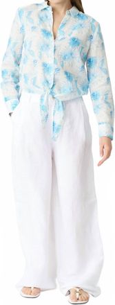 120% Lino Flower Print Linen Blouse In Blue