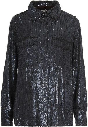P.A.R.O.S.H. Sequined Black Shirt With Classic Collar And Flap Pockets