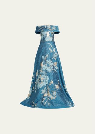 Teri Jon Off-Shoulder Metallic Flower Jacquard Gown