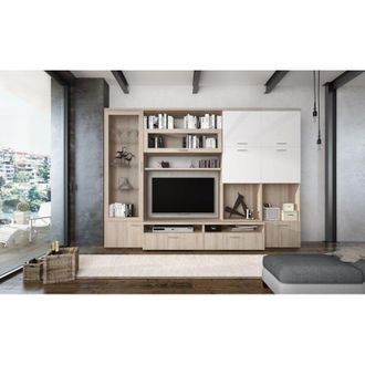 Dmora Pared Faggiano, 5 Estantes, Modular, Puerta Abatible Y Abatible, 300x50x215h Cm Olmo Marr&oacute;n