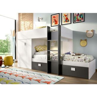 Dmora Cama Infantil Dbajram, Dormitorio Completo Con Armario Y Cajoneras, Composici&oacute;n Litera Con Dos Camas Individuales, 271x111h150 Cm, Blanco Y Antracita 
