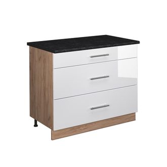 Vicco Mueble Bajo De Cocina Fame-line, Blanco Alto Brillo/roble Dorado, 100 Cm, Et Antracita, Vicco