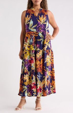 Vince Camuto Print Sleeveless Tiered Maxi Dress in Classic Navy at Nordstrom, Size 1 X