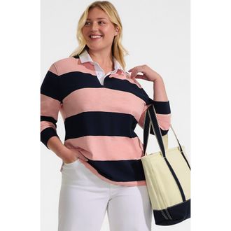 Lands End Long Sleeve Textured Rugby Polo in Navy/sunset Coral Pink Stripe at Nordstrom, Size Large