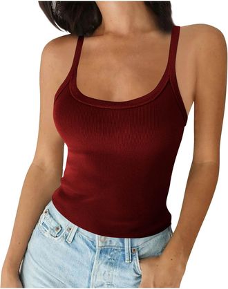 Generic Tank Tops Women UK Clearance Ladies Ribbed Knit Vest Top Crewneck Knitted Camisoles Casual Sleeveless Vests Summer Tshirt Holiday Casual Blouses Tees 