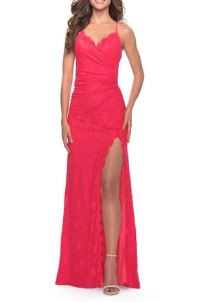 La Femme Lace Long Dress with Scallop Detail on Skirt Slit in Hot Coral at Nordstrom, Size 12