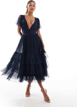 Lace & Beads Bridesmaid Madison v neck tulle midi dress in navy