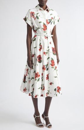 Oscar De La Renta Chin&eacute; Hibiscus Cotton Stretch Poplin Midi Shirtdress in Red/White at Nordstrom, Size 12