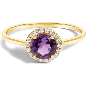 House of Brilliance 10K Gold Gemstone and 1/10 Cttw Diamond Halo Birthstone Ring in Yellow | Purple Amethyst at Nordstrom, Size 6.5