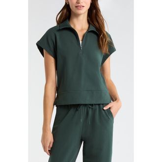 Zella Tempo Terry Half Zip Short Sleeve Sweatshirt in Green Timber at Nordstrom, Size X-Large