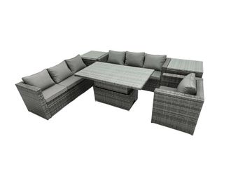 Fimous Rattan Dining Table Sofa Set with 2 Side Table Outdoor 7 Seat in Dark Grey