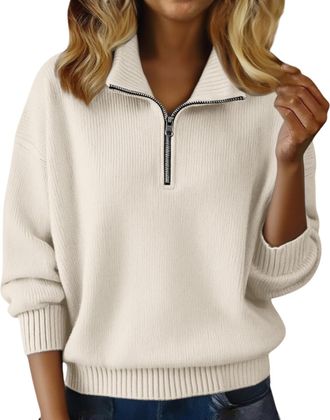 Generic Half Zip Sweatshirt Women Womens Jumpers UK Cosy Half Zip Polo V Neck Cozy Knit Sweaters Wool Cashmere Sweatshirt Thermal Warm Tunic Ladies Fleece Top