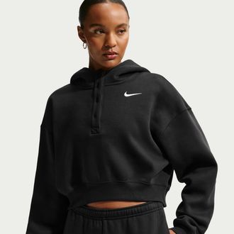 Nike Womens Nike Sportswear Phoenix Fleece Oversized Cropped Henley Hoodie in Black | IF0258-010