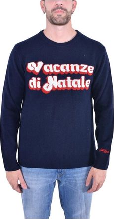 MC2 Saint Barth Elegante witte trui met jacquardprint - Heren - Ronde hals truien - Blauw - XL - Wol - Truien & Vesten