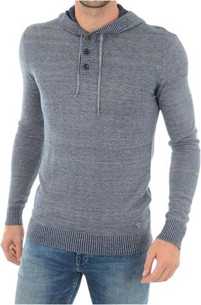 Guess Gebreide Hoodie - Heren - Hoodies - Blauw - 2XL - Katoen - Hoodies & sweatvesten