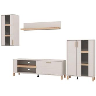 Dmora Parete Attrezzata Fallo, Mobile Soggiorno Modulabile, 7 Ripiani, 9 Vani, 289x40x181.5h cm Bianco Crema