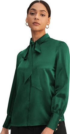LilySilk X MIM 2 in 1 Silk Shirt 22 Momme Charmeuse Silk with Removable Bow and Pearl Buttons On Sleeves 100% Silk Ladies Shirt Tops Emerald Green,M