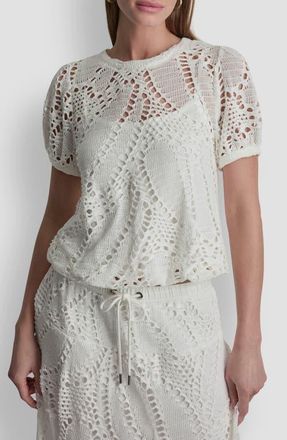 DKNY Leaf Open Stitch Cotton Blend Knit Top in Ivory at Nordstrom, Size X-Small