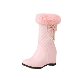 Generic Womens Mid-Calf Boots Faux Fur Trim Bow Pearl Pendant Quilted PU Leather Wedge Heel Round Toe Side Zip Elegant Durable Design,Pink,4.5 UK