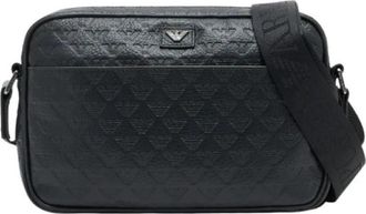 Emporio Armani Schoudertas van leer met all-over adelaar reli&euml;f - Heren - Schoudertassen - Zwart - ONE Size - Leer - Tassen