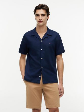 Tommy Hilfiger Mens Regular Fit Cotton-Linen Camp Shirt - Navy - XXL