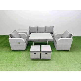 Fimous Reclining Chair 3 Seat Sofa Set Garden Furniture Set with Rectangular Dining Table Side Table 2 Small Footstools Light Grey - Fimous