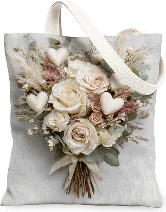 Generic Floral Canvas Tote Bags, Elegant Flower Bouquet Design Reusable Grocery Bags, Vintage Lightweight Washable Shoulder Strap C, Beige, 13x15 Inch