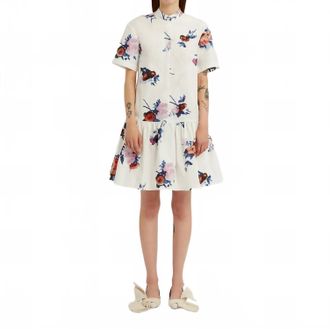 Erdem Short Sleeve Mini Dress In Painted Rose Bouquet White