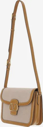 Valentino Garavani Womens Canvas Shoulder Bag With Leather Trim Beige