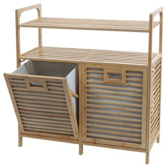 Hhg [nunca Usado] Armario De Ba&ntilde;o De Bamb&uacute; Hhg-591, Armario De Ba&ntilde;o Con Estante Colector De Ropa, 2 Cestos De Ropa 2 Estantes Certificado Mvg 88x81x33cm