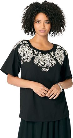 Roaman's Ruffle Printed Tunic in Black Ivory Paisley at Nordstrom, Size 28