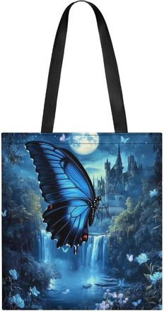 Generic Blue Butterfly Castle Moon Womens Tote Casual Shopping Bag Lightweight Shoulder Bags Hobos Handbag for Work Travel Daily 35x40cm