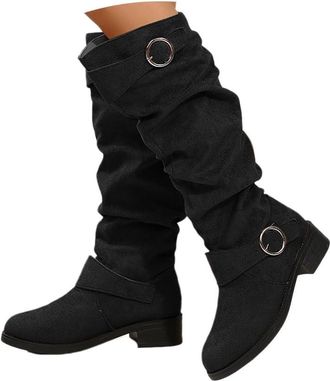 Generic Wedge Boots for Women Uk Slouchy Knee High Boots for Women Uk,Low Chunky Heel Boot With Side Zipper Round Toe Booties Ladies Casual Suede Shoes Winter