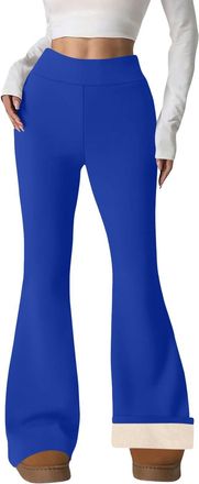 Generic Fleece Lined Leggings Women Soft Thermal Flared Leggings High Waisted Winter Warm Trousers Bottoms with Pockets (Blue, XL)