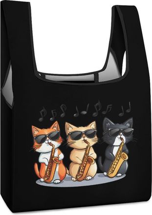 Generic Cats Playing Saxophone Musician Shopping Bag Reusable Grocery Tote Bag Foldable Handbag for Travel Picnic