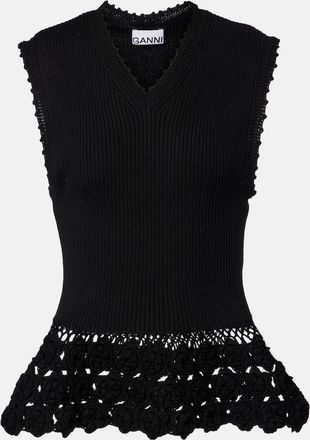 Ganni Top in misto cotone a coste con crochet