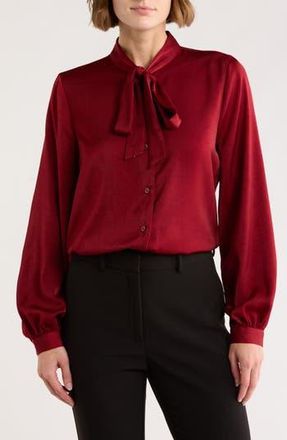 DKNY Tie Neck Crushed Satin Button-Up Shirt in Merlot at Nordstrom Rack, Size X-Small