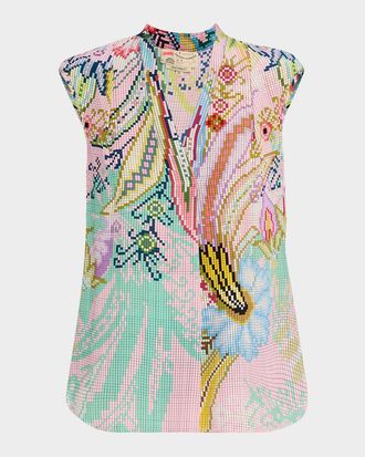Maison Common Digital-Print V-Neck Cap-Sleeve Silk Blouse