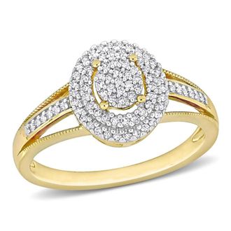 Amour 1/4 CT TDW Diamond Double Halo Oval Cluster Split Shank Ring In 10K Yellow Gold