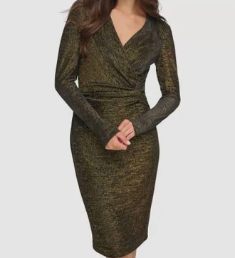 Calvin Klein Metallic Faux Wrap Sheath Dress In Black/gold