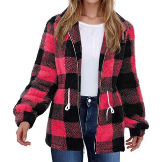 Generic Fleece Jacket Women Sherpa Lined Plaid Flannel Hooded Jacket Zip Up Jacket with Pockets Fall Warm Coat Ladies Fleece Jackets Full Zip Womens Outdoor F