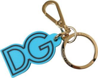 Dolce & Gabbana Blue Rubber Gold Tone Metal DG Logo Keyring Womens Keychain