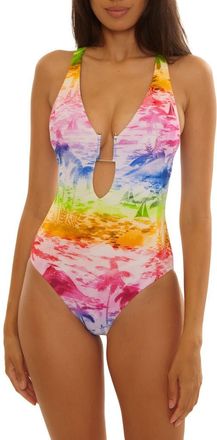 BECCA by Rebecca Virtue Fiji Plunge Neck One-Piece Swimsuit in Pink Multi at Nordstrom, Size Medium
