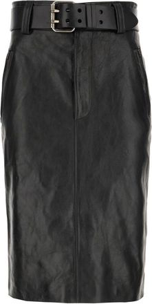 Saint Laurent Rokken, Dames, Zwart, S, Leer, Belted Pencil Rok in Gekreukt Leer