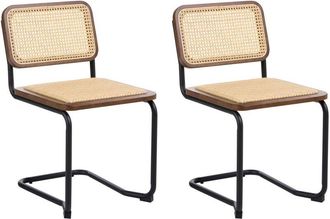 Beliani Set of 2 Dining Chairs Brown and Natural Rattan Cantilever Silver Legs Armless Retro Design CORDOVA