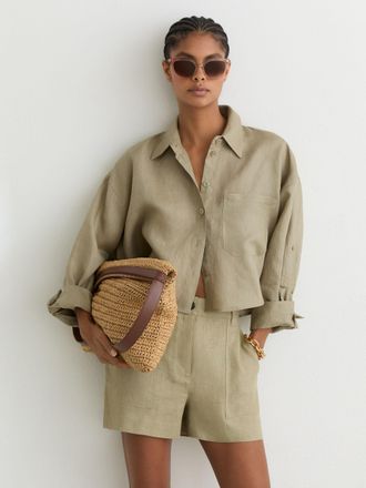 Reiss Sage Green Linen Shorts, 16R
