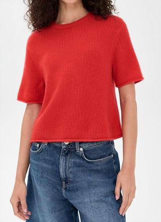 White + Warren Cashmere Waffle Mesh Tee In French Red