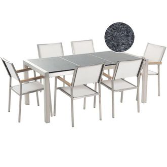 Beliani 6 Seater Garden Dining Set Triple Grey Granite Top White Chairs Grosseto