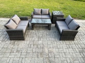 Fimous 6 Seater Rattan Wicker Garden Furniture Patio Conservatory Sofa Set with Coffee Table Double Seater Sofa Side Table in Dark Grey