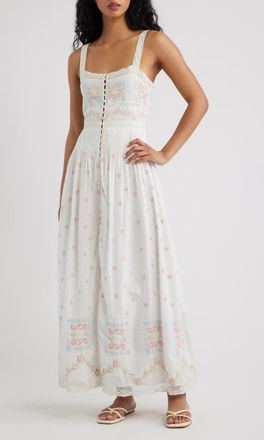 LoveShackFancy Cerys Floral Lace Detail Cotton Maxi Dress in Optic White at Nordstrom, Size 10